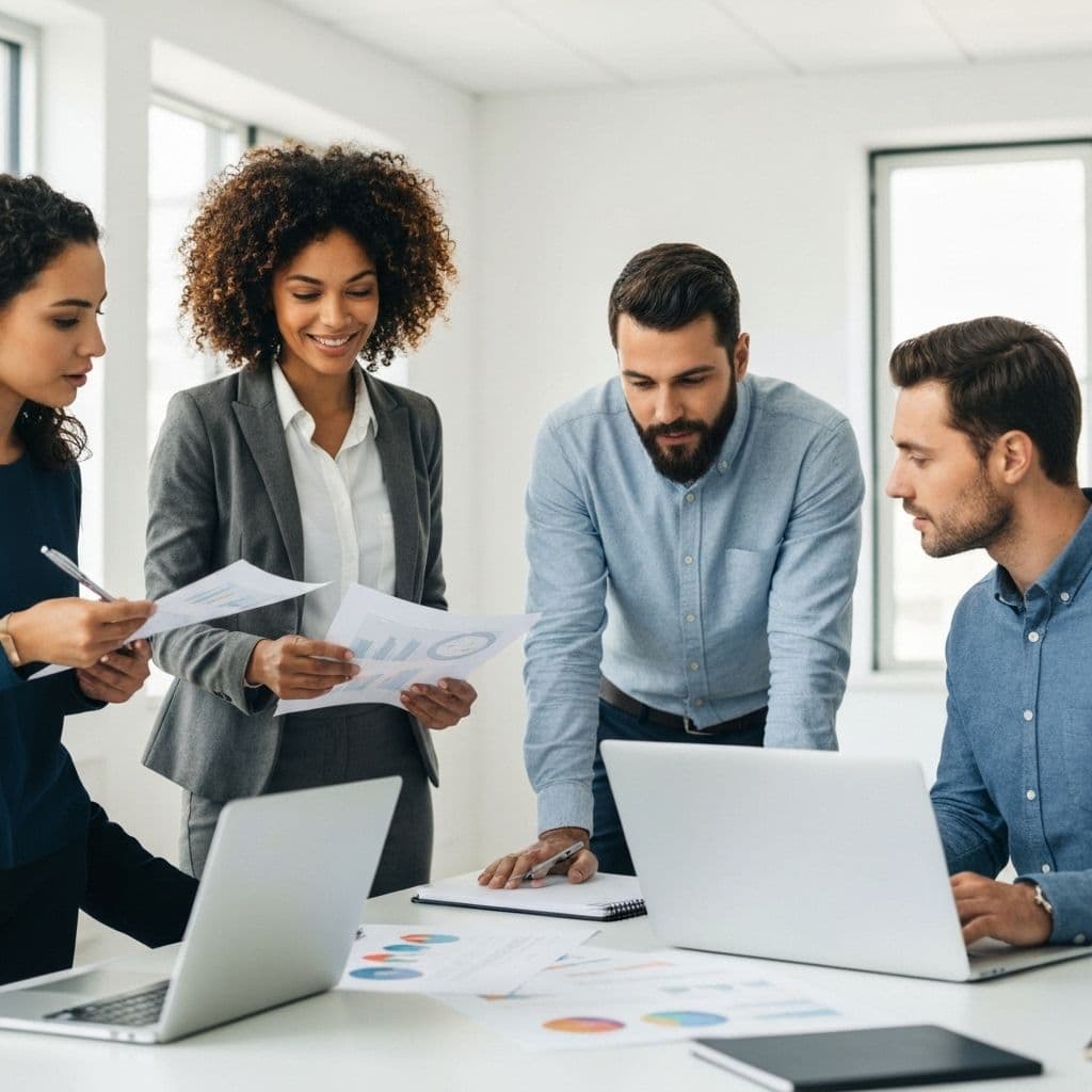 Business team collaborating on advertising strategy in modern office