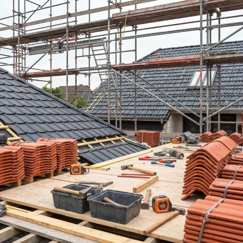 Professional roofing contractors working on roof installation