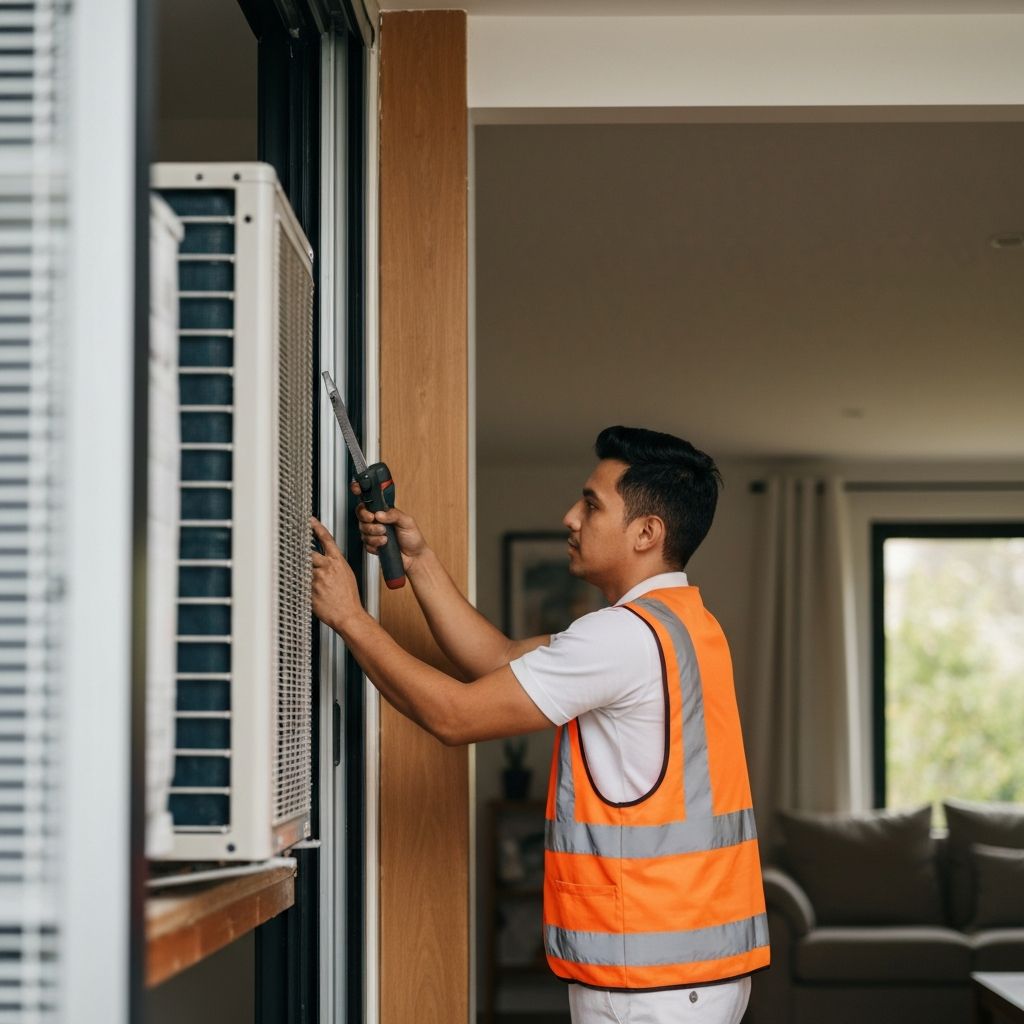 Professional HVAC technician installing air conditioning system