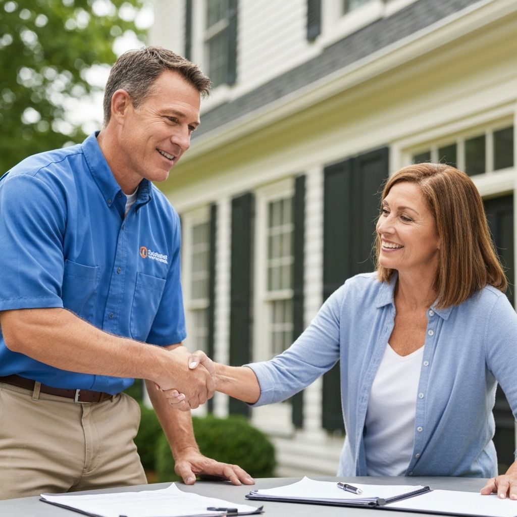 Roofing contractor consulting with homeowner about roof replacement