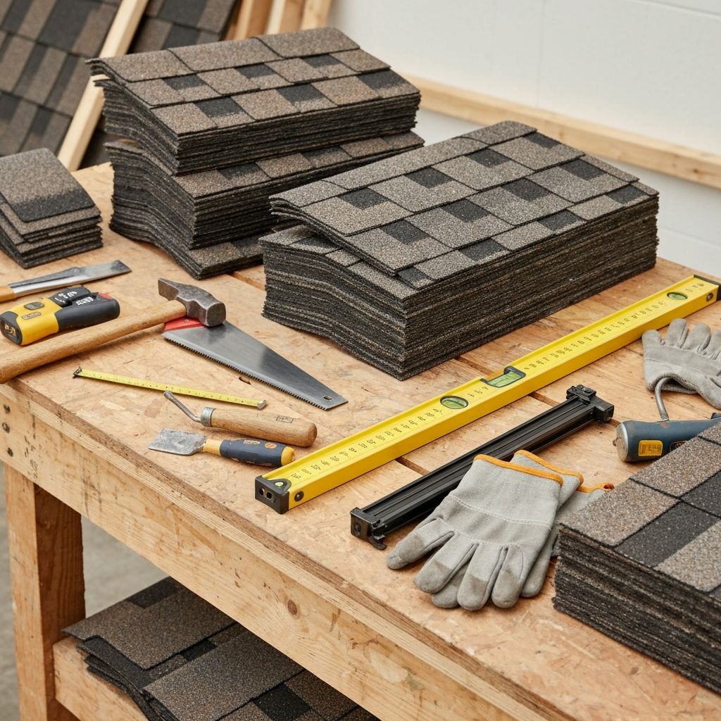 Roofing materials and tools on construction site